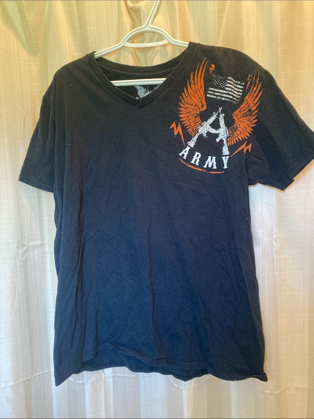 Men's Black V-Neck Graphic Army Tee with Orange Wing Detail